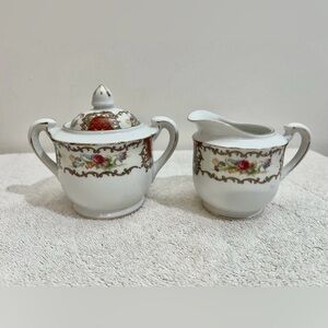 Vtg Japanese Porcelain Sugar Bowl Lid Creamer Floral Pattern Gold Scrollwork